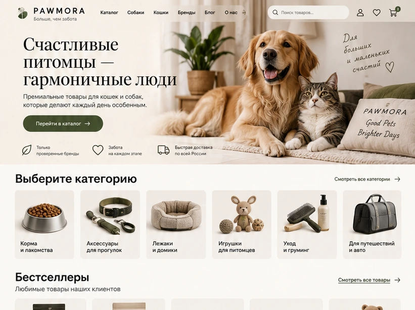 Интернет-магазин товаров для питомцев Pawmora — desktop версия